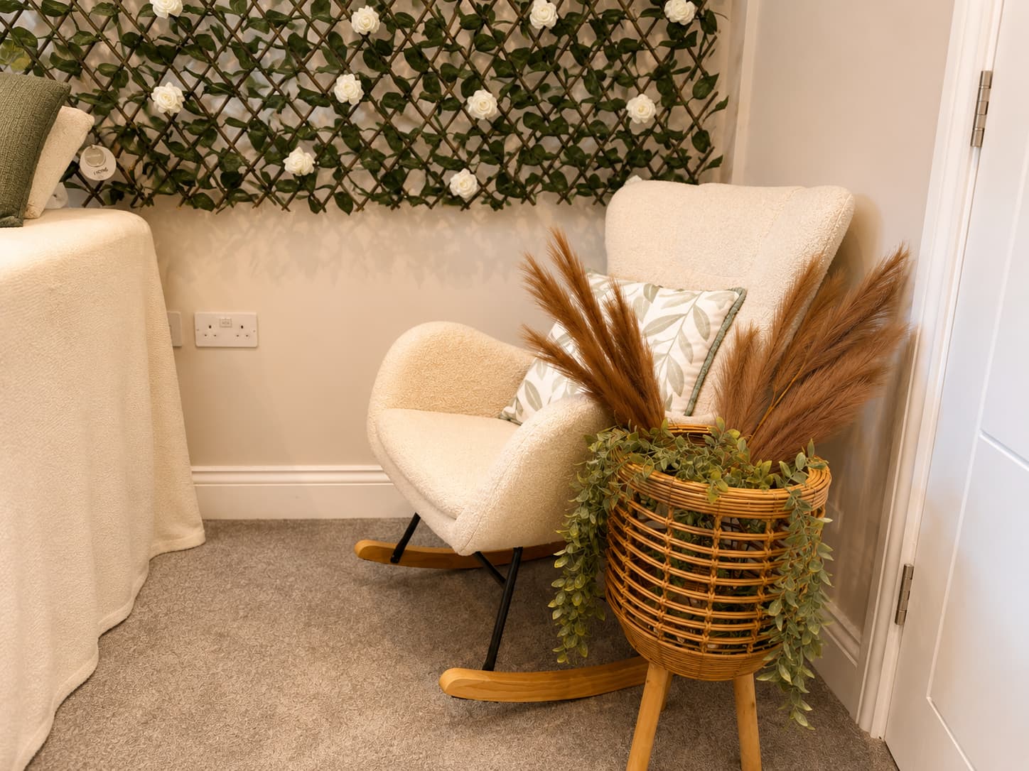 Boucle rocking chair and pampas grass reading corner